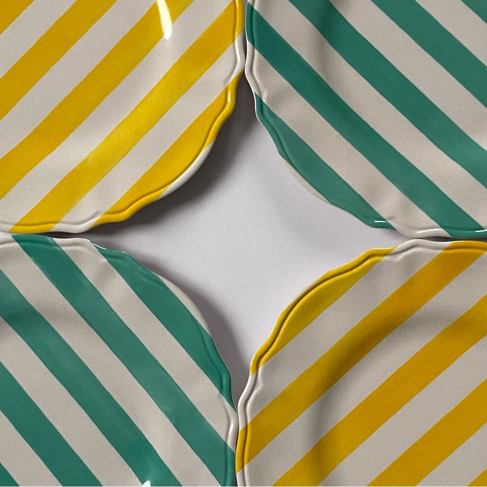 Melamine Dinner Plates 11” Set Of 4 Jai Wei green yellow and white striped EUC - Picture 4 of 16